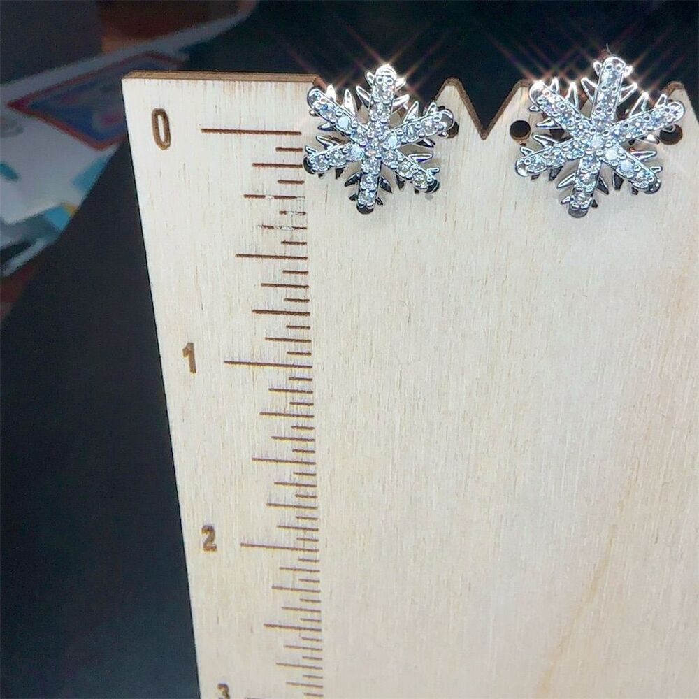 Silver Snowflake Crystal CZ Stud Earrings Christmas Theme - Picture 2 of 8